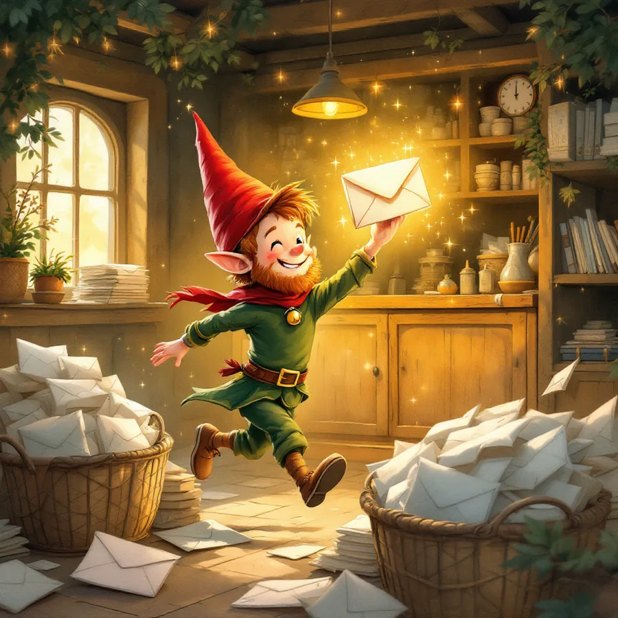 Elf biegnie przez pocztę Mikołaja ze świecącym listem